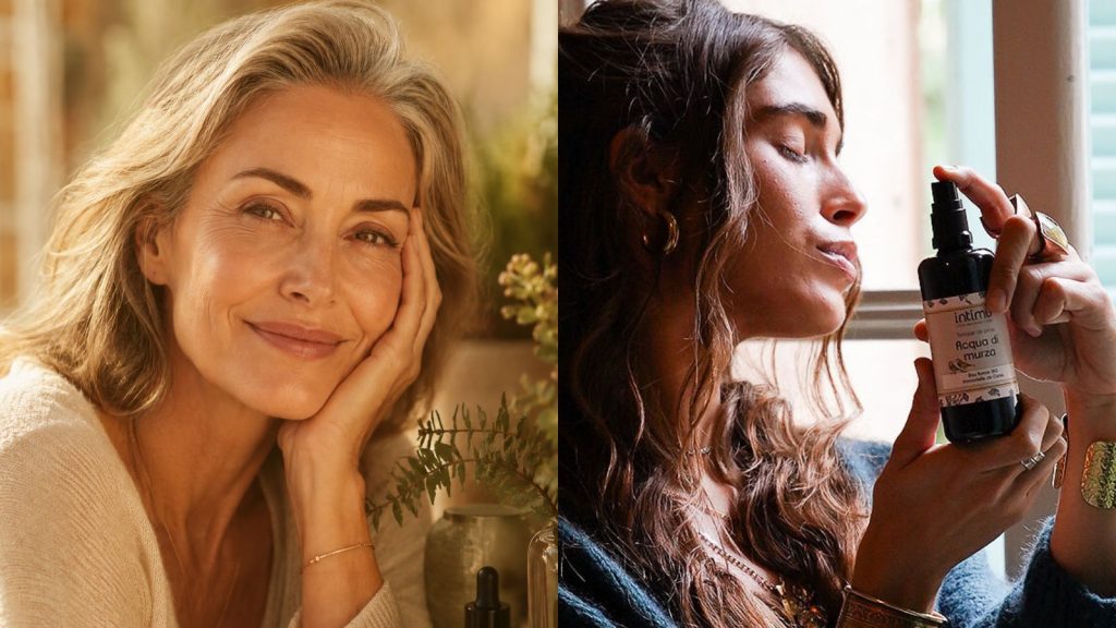 Deux générations de femmes partageant un soin naturel Intimu à l'immortelle de Corse.